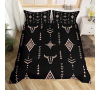 Homewish Aztec Bohemian Bedding Set Double 3 Pieces - Western Bull Skull Print Duvet Cover Soft Microfibre - Ethnic Tribal Brown Quilt Cover with Black Reverse - Boho Geometric Pattern Bed Set