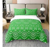 Homewish Aztec Cotton Duvet Cover Double, Boho Bedding Set Bedroom Decor | Cotton Southwestern Ethnic Quilt Cover with 2 Pillowcases, Bed Sets for Adults, Tribal Bohemian Western, Green White