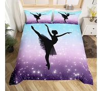 Homewish Ballet Decor Duvet Cover Double, Teal Purple Gradient Comforter Cover Dancing Ballerina Bedding Set Space Star Glitter Bed Set 3 Pieces with 2 Pillow Cases, Ballet Gifts for Girls