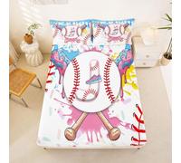 Homewish Baseball Bed Sheets Double Cute Aesthetic Ice Cream Drip Fitted Sheet Teal Blue Graffiti Sports Baseball Bat Bedding Set,Gelato Boy Letter J Initial Monogram Bed Cover 3 Pcs