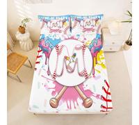 Homewish Baseball Bed Sheets Single Cute Aesthetic Ice Cream Drip Fitted Sheet Teal Blue Graffiti Sports Baseball Bat Bedding Set,Gelato Boy Letter M Initial Monogram Bed Cover 2 Pcs