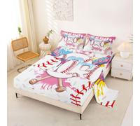 Homewish Baseball Bed Sheets Single Cute Aesthetic Ice Cream Drip Sheet Set Pastel Pink Graffiti Sports Baseball Bat Bedding Set - Gelato Boy Letter R Initial Monogram Fitted Flat Sheets 3 Piece