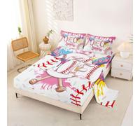 Homewish Baseball Bedding Set Single Cute Aesthetic Ice Cream Drip Bed Sheets Pastel Pink Graffiti Sports Baseball Bat Sheet Set - Gelato Boy Letter E Initial Monogram Fitted Top Sheets 3 Piece