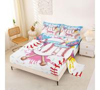 Homewish Baseball Bedding Set Single Cute Aesthetic Ice Cream Drip Bed Sheets Teal Blue Graffiti Sports Baseball Bat Sheet Set - Gelato Boy Letter T Initial Monogram Fitted Top Sheets 3 Piece