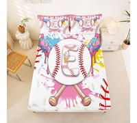 Homewish Baseball Bedding Set Single Cute Aesthetic Ice Cream Drip Fitted Sheet Pastel Pink Graffiti Sports Baseball Bat Bed Sheets,Gelato Boy Letter E Initial Monogram Bed Cover 2 Pcs