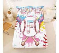Homewish Baseball Fitted Sheet Single Cute Aesthetic Ice Cream Drip Bed Sheets Teal Blue Graffiti Sports Baseball Bat Bedding Set,Gelato Boy Letter F Initial Monogram Bed Cover 2 Pcs