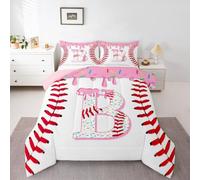 Homewish Baseball Ice Cream King Size Duvet Set - Pink Ice Cream Drip Bedding Set Baseball Monogram B Quilt Set - Sports Ball Game Coverless Duvet with 2 Pillowcases