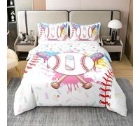 Homewish Baseball Single Bedding Cute Aesthetic Ice Cream Drip Coton Duvet Cover Set Teal Blue Graffiti Sports Baseball Bat Quilt Cover Gelato Boy Letter I Initial Monogram Bed Sets