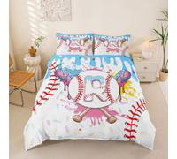 Homewish Baseball Single Bedding Sets Cute Aesthetic Ice Cream Drip Duvet Cover Teal Blue Graffiti Sports Baseball Bat Quilt Cover Gelato Boy Letter R Initial Monogram Bed Set