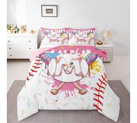 Homewish Baseball Single Duvet Set - Cute Aesthetic Ice Cream Drip Bedding Set Pastel Pink Graffiti Sports Baseball Bat Quilt Set - Gelato Boy Letter M Initial Monogram Coverless Duvet