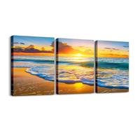 Homewish Beach Sunset Wall Art For Living Room, Ocean Waves Nature Canvas Wall Art Set Of 3, Coastal Nature Themed Paintings Wall Decor Coastal Seaside Painting Framed Wall Art, Blue Gold