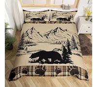 Homewish Bear Bedding Set Rustic Farmhouse Duvet Cover Western Wildlife Animals Comforter Cover Single for Youth Teenagers, Grizzly Bears Claw Geometry Buffalo Plaid Quilt Cover, Zipper Closure