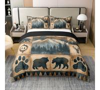 Homewish Bear Cabin Duvet Cover Double with 2 Pillowcases - Rustic Farmhouse Cotton Bedding Set Hunting Deer Quilt Cover Country Woodland Pine Tree Bed Sets