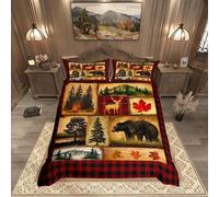 Homewish Bear Cabin Plaid Single Duvet Cover with 1 Pillowcase - Rustic Farmhouse Bedding Set for Kids Adults - Hunting Deer Quilt Cover Vintage Patchwork Deisgn - Country Woodland Bed Set