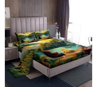 Homewish Bear Sheet Set Double Camper Bed Sheets Moose Birds Woodland Bonfire Animals Bedding - Eagle Lake Sunset Deer Boat Bed Sheets Set 4 Piece