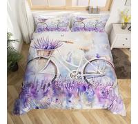 Homewish Bicycle Comforter Cover Purple Flowers Floral Bedding Set Super King Size,Country Rustic Decor Duvet Cover for Kids Boys Girls Adults Wild Farmhouse Bed Set