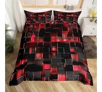 Homewish Black and Red Kingsize Duvet Cover Sets Modern Geometric Comforter Cover Gradient Neon Cubes Girls Red Bedding Sets,Abstract Square Grid Bed Set Lattice Wall Brick Decor Bedding & Linen