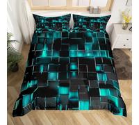 Homewish Black and Teal Duvet Cover Modern Geometric Comforter Cover Gradient Neon Cubes Double Size Bedding Sets for Girls,Abstract Square Plaid Bed Set Lattice Wall Brick Decor