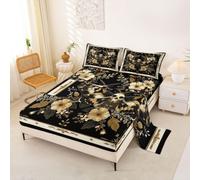 Homewish Black and White Death Moth Bed Sheets King Skull Decor Fitted Sheet Deep Pocket 16 inch (40 cm),Halloween Decorations Bed Sheets Set Floral Style
