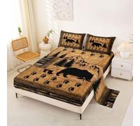 Homewish Black Bear Bed Sheets Double Vintage Lodge Cabin Sheet Set Rustic Bedding Set - Retro Wood Farmhouse Fitted Flat Sheets 4 Piece