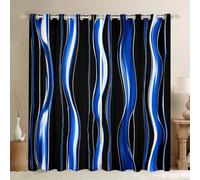 Homewish Black Blue Waves Blackout Curtains 66 x 90 Inch, 2 Panels Striped Window Curtains Modern Abstract Window Treatments Drapes for Bedroom Black Simple Minimalist Art Contemporary Geometric