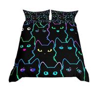 Homewish Black Cat Kids Double Bedding Set, Neon Rainbow Line Cats Print Duvet Cover Set 3 Pieces, Cute Cartoon Kitten Quilt Cover, Kawaii Pet Animals Bed Set