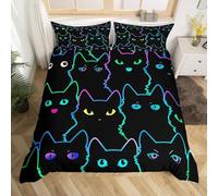 Homewish Black Cat Kids Single Duvet Cover Set for Boys Girls Bedroom Decor, Neon Rainbow Line Cats Print Bedding Set Cute Cartoon Kitten Quilt Cover, Kawaii Pet Animals Bed Set, Black Reversible