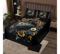 Homewish Black Crow Quilt Set King Halloween Theme Animals Bedspread Yellow Daosy Flower Coverlet Set for Kids Adults, Goth Trippy Plants Bedding Quilted