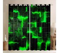 Homewish Black Green Abstract Curtains 46" Wx54 L Gradient Square 30%-50% Blackout Curtains for Bedroom, Geometry Grid Curtains & Drapes Checkered Window Curtain Glowing Plaid Modern Room Decor