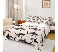 Homewish Black Killer Whale Ocean Bed Sheets Double Coastal Creature Sheet Set Under Sea Marine Life Bedding Set - Fitted Flat Sheets 4 Piece