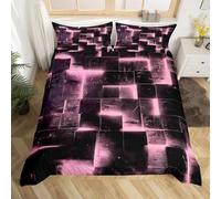Homewish Black Pink Abstract Comforter Cover Gradient Square Bed Set, Grid King Duvet Cover Neon Checkered Bedding Set King, Glowing Plaid Bedspread Cover Modern Room Decor 3pcs (Black Reversible)