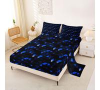 Homewish Black Royal Blue Bed Sheets Single neon honeycomb Sheet Set Abstract Stereoscopic triangle Bedding Set - modern geometric Fitted Flat Sheets 3 Piece