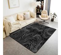Homewish Black Topographic Large Rugs 100x150cm for Living Room - White Abstract Lines Art Bedroom Black Rug for Dining Room Dorm - Geography Terrain Path Large Floor Mat Non Slip
