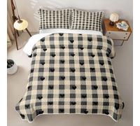 Homewish Black White Plaid Heart King Size Quilt Set 3 Piece | Buffalo Checkered Quilted Bedding Set Retro Geometric Bedspread Coverlet Decor