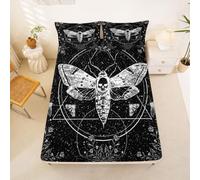 Homewish Black White Skull Double Fitted Sheet Death Skull Flower Moth Bed Sheets Deep Pocket 16 inch (40 cm),Geometric Circles Bedding Set Boho Aesthetic Bed Cover with 2 Pillowcases