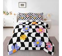 Homewish Black Whitender Gingham Plaid Single Duvet Set - Rustic Boho Floral Bedding Set Squiggle Grid Buffalo Checkered Quilt Set - Abstract Art Modern Geometric Coverless Duvet with 1 Pillowcase