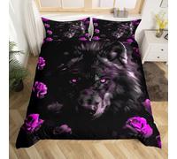 Homewish Black Wolf Duvet Cover Set Purple Rose Super King Bedding Set,Romantic Flowers Comforter Cover Wild Woodland Animals Bed Set,Kawaii Room Decor