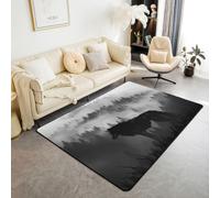 Homewish Black Wolf Print Large Rugs for Living Room 150x200cm | Misty Mountain Floor Carpet Mysterious Pine Trees Area Rugs Non Shedding for Hall Lounge Office