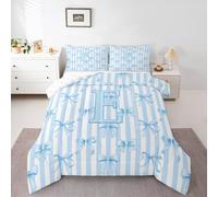 Homewish Blue Alphabet Initial Letter E Bow Stripes Single Duvet Set - Stripe Kawaii Coquette Bedding Set Dreamy Princess Bowknot Quilt Set - Coverless Duvet