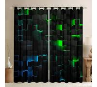 Homewish Blue And Green Checkered Window Curtains 2 Panel Sets 46 x 54 Inch, Futuristic Geometric Cube Blackout Curtains for Bedroom Living Room, Modern Grid Print Window Treatments Drapes