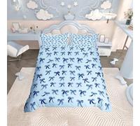 Homewish Blue Bow Bedding Junior Princess Style for Kids Girls Teens - Coquette Bow Duvet Cover Set with 1 Pillowcase - Modern Trendy Cute Bowknot Quilt Cover Girly Preppy Fashion Bed Set Soft