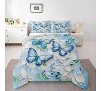 Homewish Blue Butterfly Double Coverless Duvet and Pillowcase Set | Gradient Oil Painting Butterfly Duvet All Seasons Abstract Chic Floral Quilt Blanket Bedding Lightweight