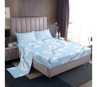 Homewish Blue Cartoon Bowknot Bed Sheets Single Cute Kawaii Dot Bow Sheet Set Girly Coquette Princess Style Bedding Set,Romantic Aesthetic Bow Tie Fitted Flat Sheets 3 Piece