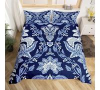 Homewish Blue Damask Super King Size Duvet Cover Sets, Chic Navy Blue White Victorian Flower Bedding Sets for Girls Teens Women, Baroque Damask Floral Comforter Cover, Elegant Bedding & Linen