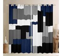 Homewish Blue Geometric Blackout Curtains White Black Grey Striped Window Curtains 2 Panels,46 x 72 Inch,Modern Abstract Art Window Treatments Drapes Geometry Checkered Rectangle Curtain