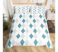Homewish Blue Geometric Double Size Duvet Cover Set - Classic Diamond Patchwork Design Bedding Set with Zipper Closure - Coastal Style Art Deco Microfiber Quilt Cover Diamond Pattern Bed Sets