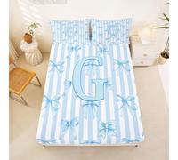 Homewish Blue Initial Letter G Stripes Alphabet Bow Bedding Set Single Princess Coquette Fitted Sheet Bowknot Dreamy Kawaii Bed Sheets, Bed Cover 2 Pcs