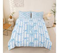 Homewish Blue Kawaii Stripes Initial Letter K Alphabet Bow Bedding Single Dreamy Princess Duvet Cover Set Coquette Bowknot Quilt Cover Bed Sets