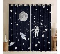 Homewish Blue Outer Space Blackout Curtains 52 x 63 Inch for Bedroom - Space Astronaut Eyelet Curtains for Living Room - Rocket Universe Window Drapes 2 Panels Glitter Stars Moon Decor