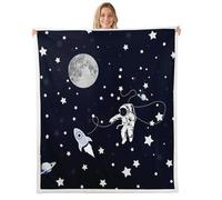 Homewish Blue Outer Space Fleece Blanket Throw 127x152cm Space Astronaut Warm Plush Sherpa Blanket Rocket Universe Fuzzy Plush Throw Glitter Stars Moon for Bed Sofa Couch